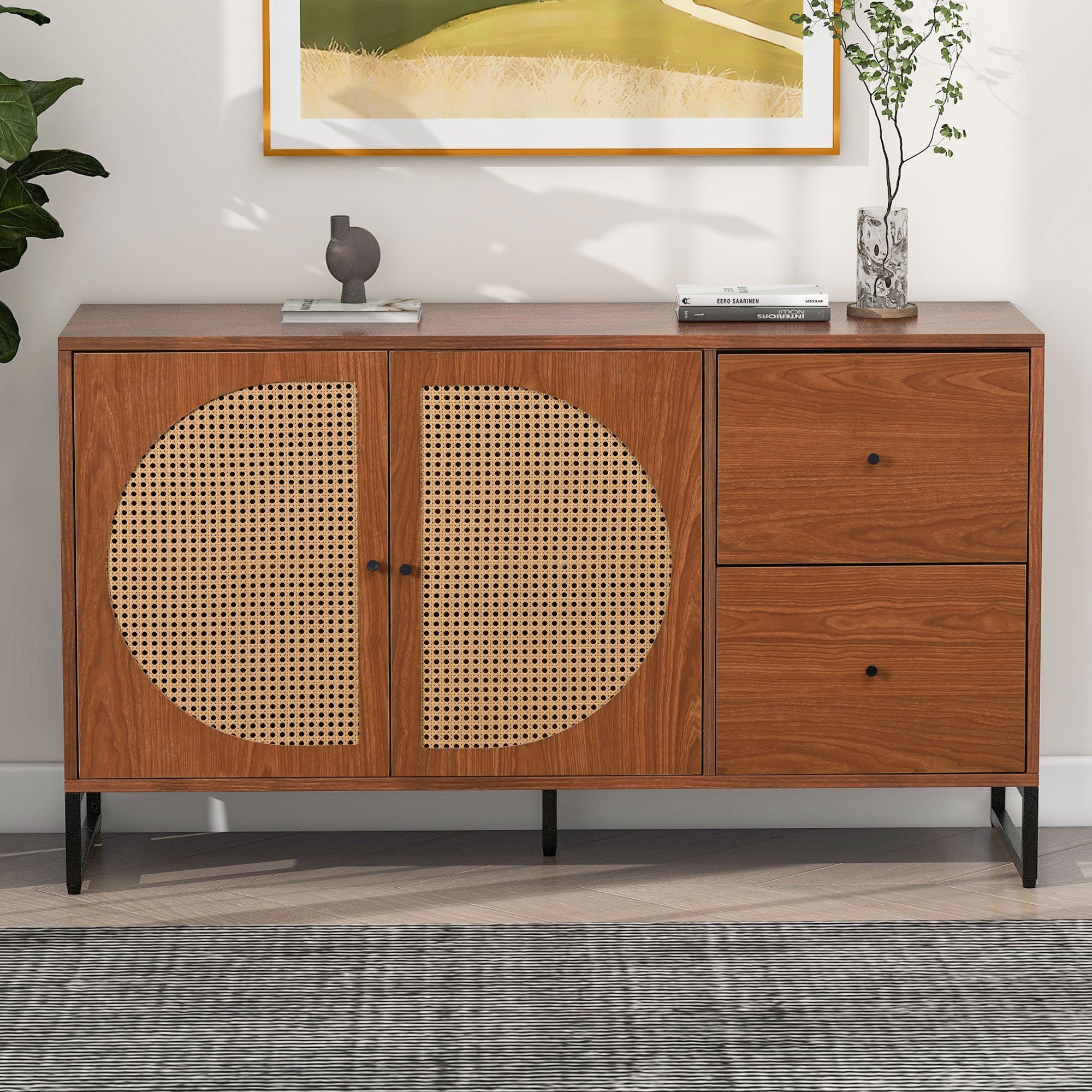 REDOM Sideboard Kommode Mehrzweckschrank (mit 2 Rattan verzierten Türen und 2 Schubladen Kommode Küchenschrank), Highboard mit Metallgriffe