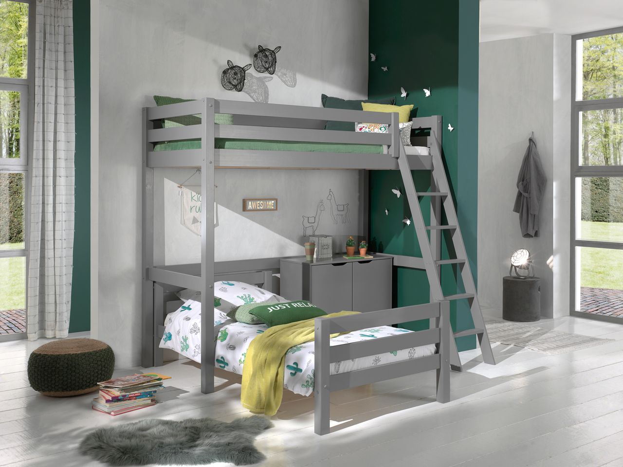 VIPACK Winkel Hochbett mit 2 Liegeflächen 90 x 200 cm und 2-trg. Kommode, Ausf. grau lackiert