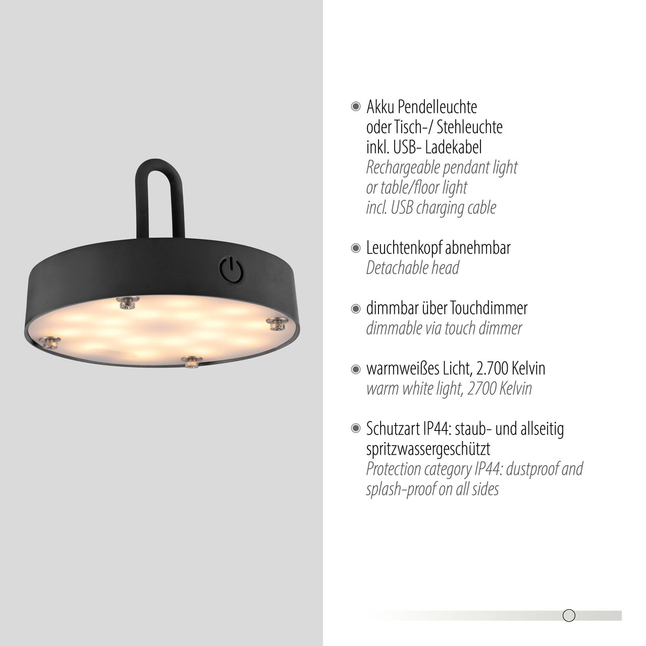 JUST LIGHT Akku Pendelleuchte AKUBA, 1x LED-Board/1,50Watt/2700Kelvin, IP44, Schwarz
