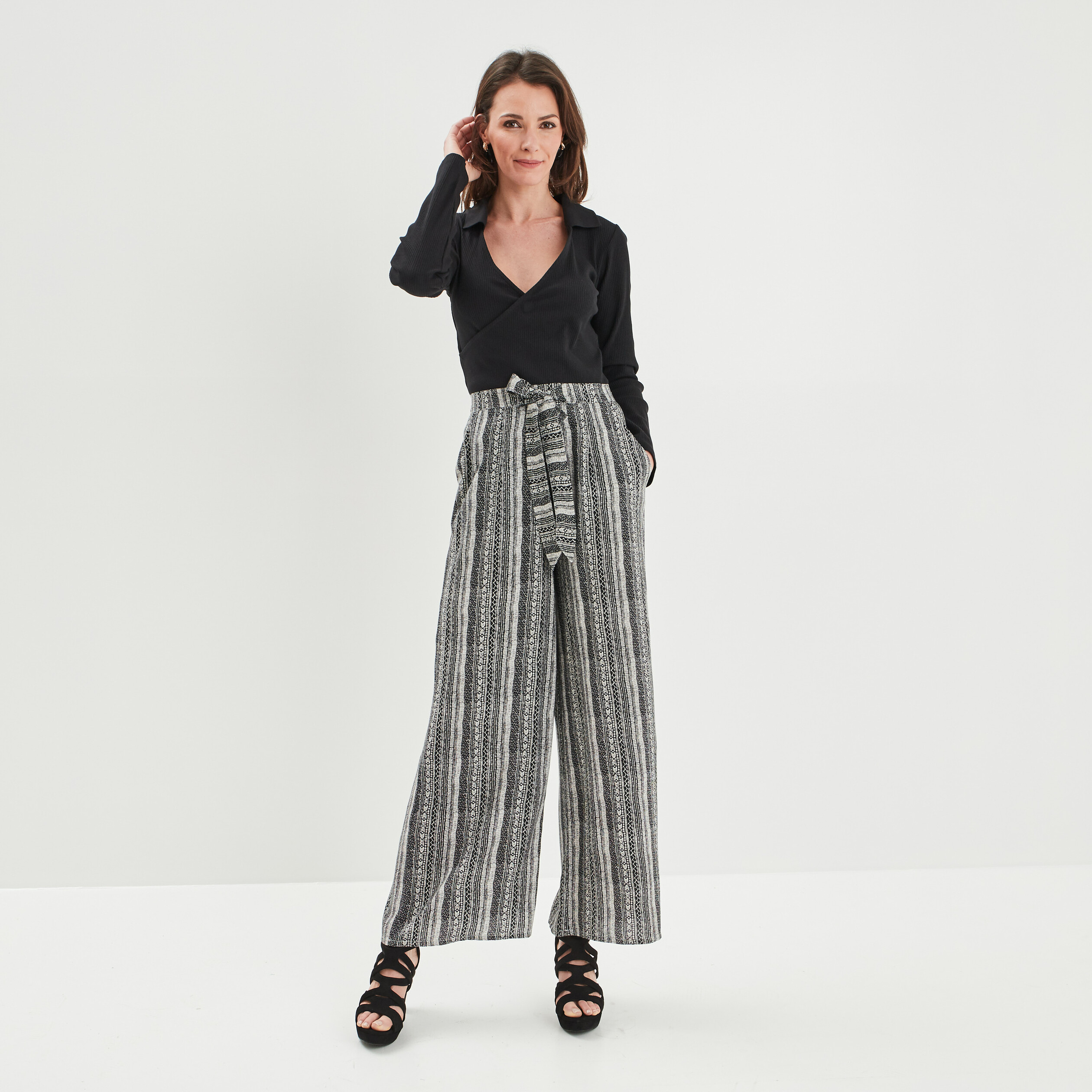 Pantalon wide leg fluide noir femme | La Halle