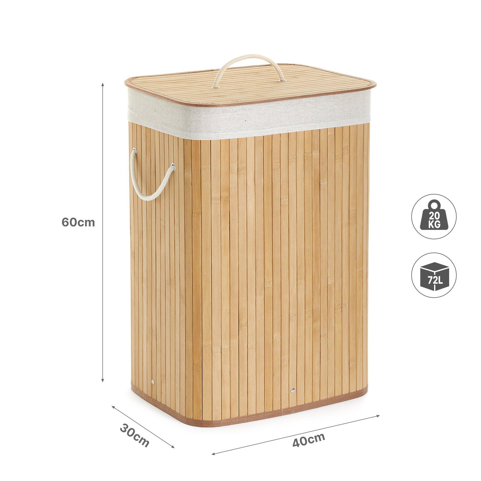 Mondeer Wäschekorb 150L Wäschesammler aus Bambus, 72L, 40 x 30 x 60 cm