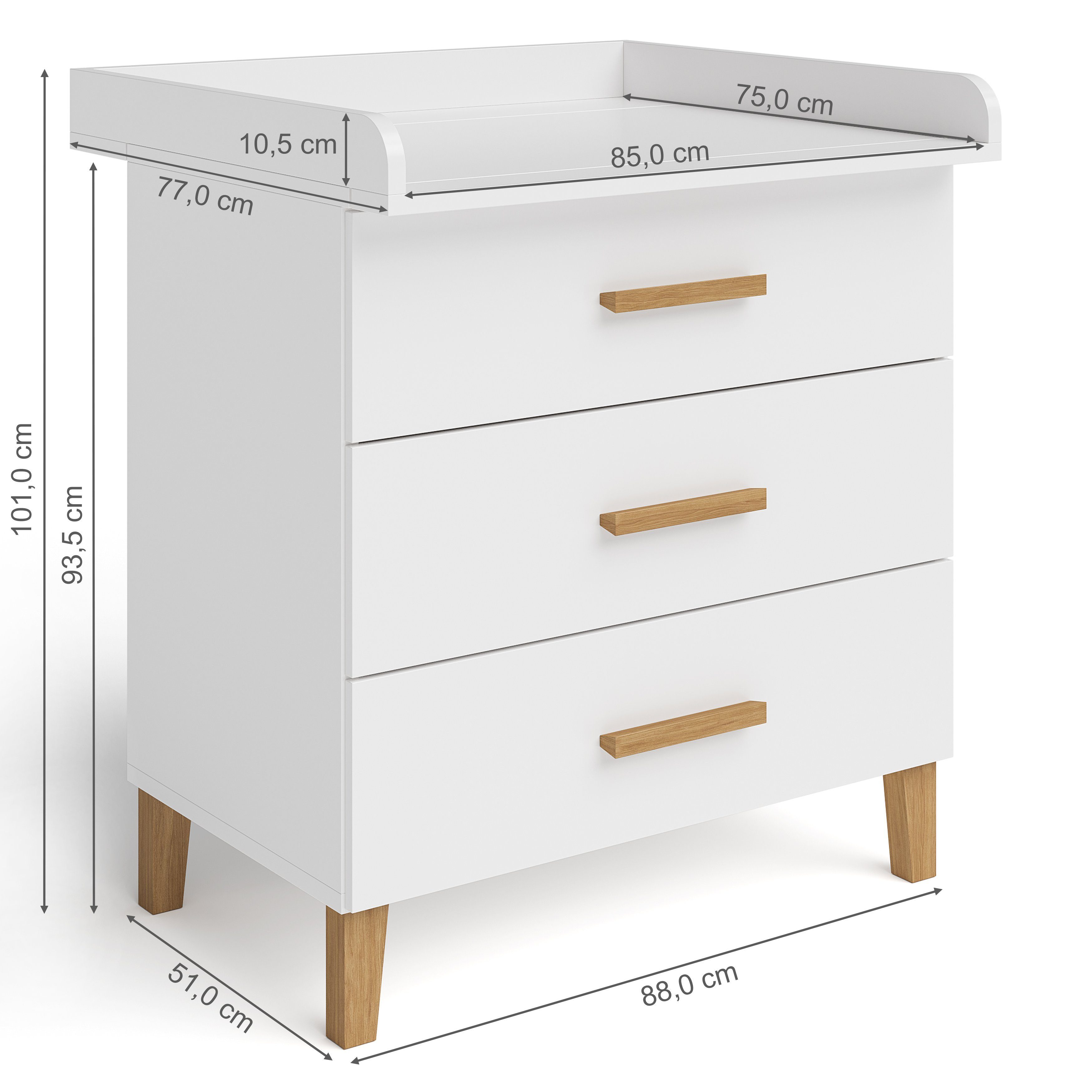Bellabino Wickelkommode Liri, mit abnehmbaren Wickelaufsatz, 3 Schubladen, weiß/natur