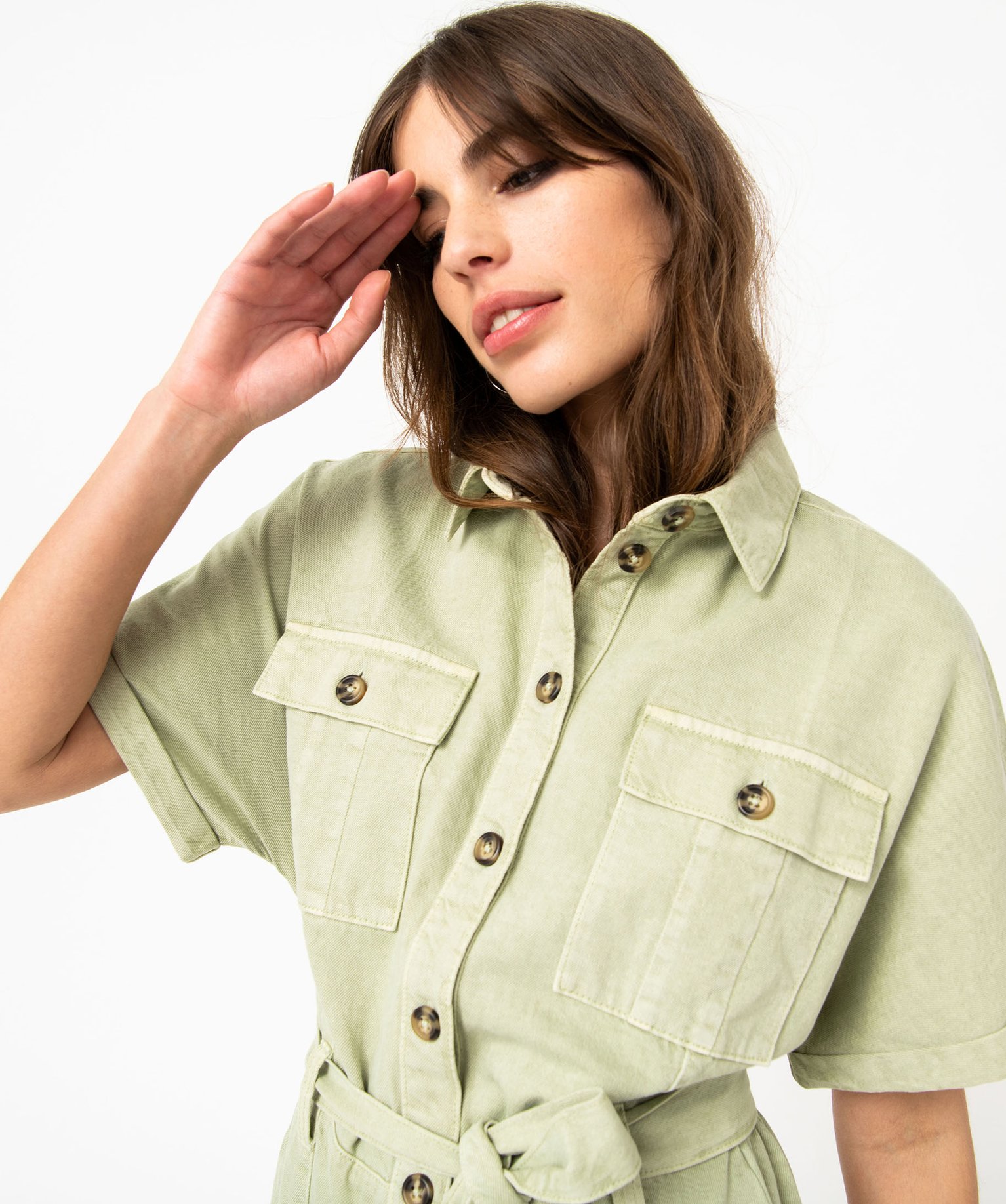 Combishort en toile denim à manches courtes femme vert | GEMO