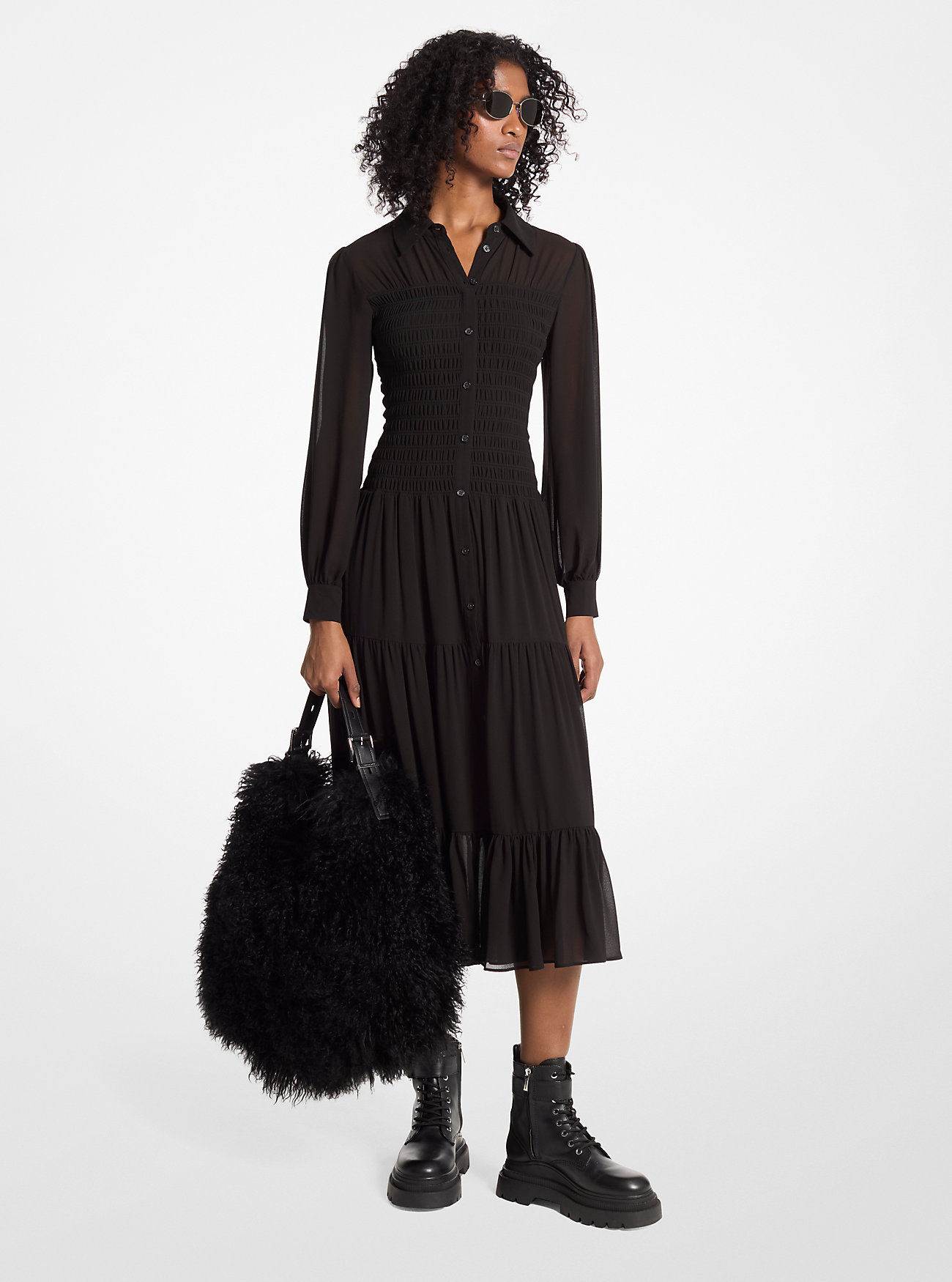 Abito chemisier in georgette arricciato - NERO