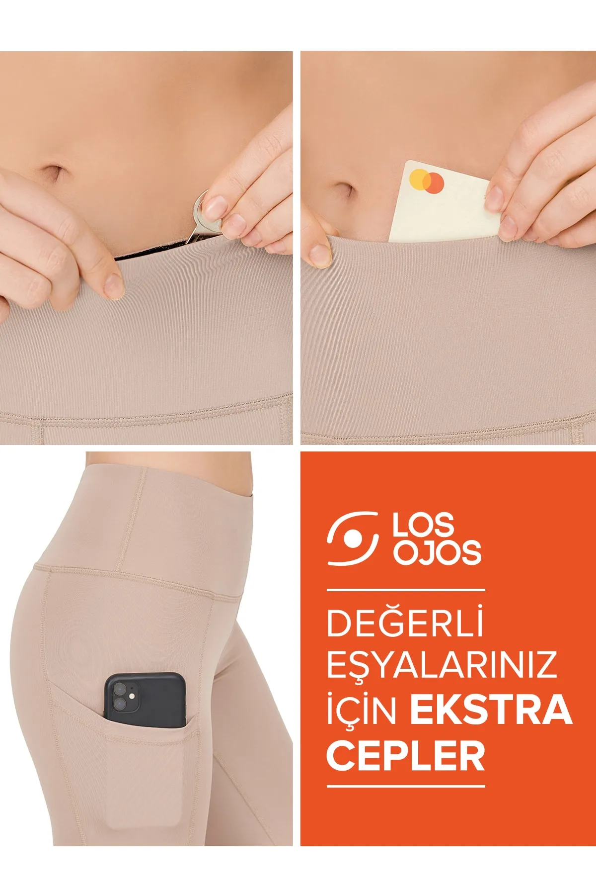 LOS OJOS  Beigefarbene, kompakte Sport-Leggings mit hoher Taille und doppelter Tasche für Damen