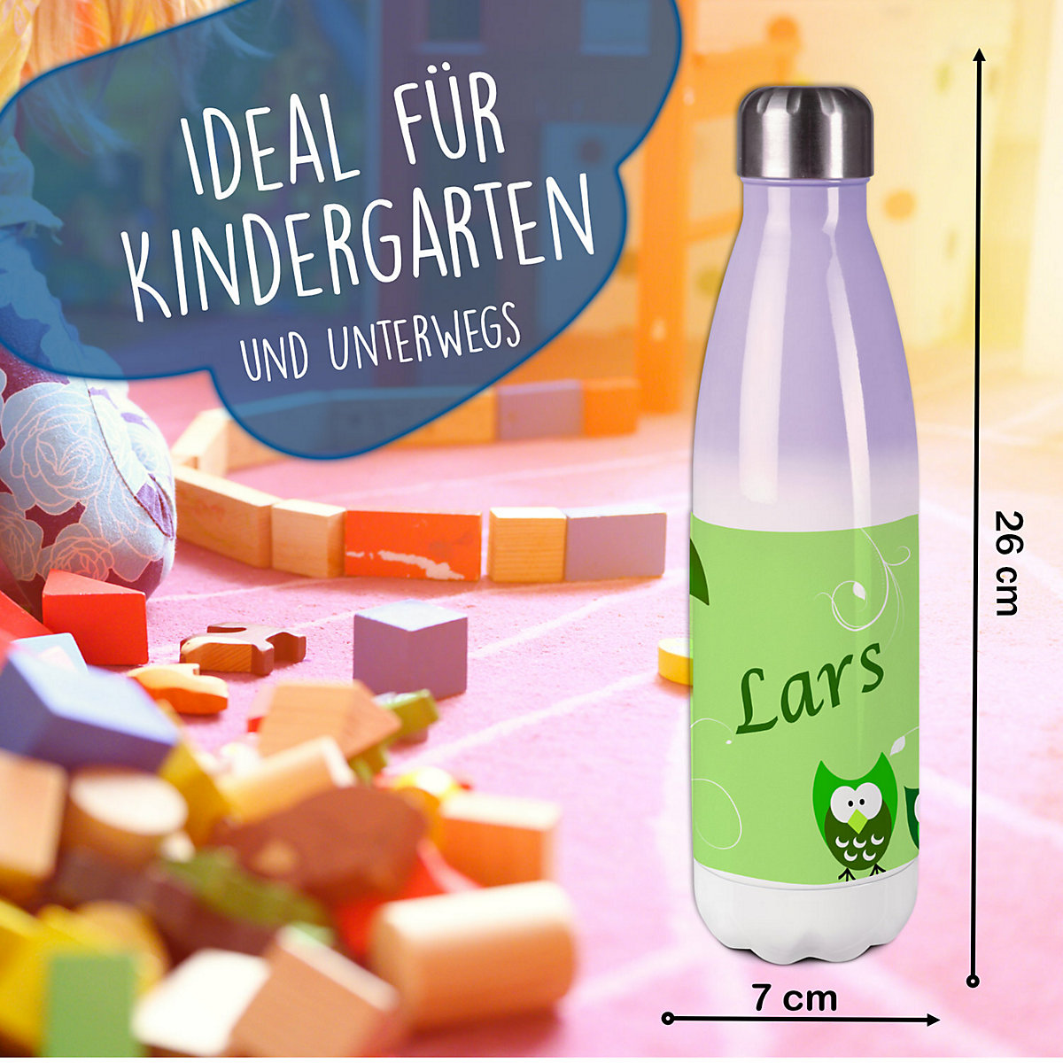 Edelstahl Kinder Thermoflasche / Trinkflasche bunt Eule Farbe grün Spülmaschinenfest, Auslaufsicher, Bruchfest, Doppelwandig, Für Heißgetränke geeignet, Mit Deckel, Isoliert