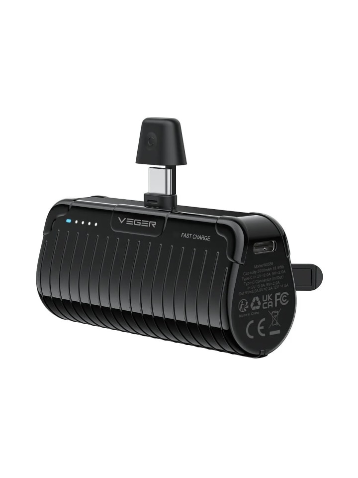 Veger Powerbank 5000 mAh mit integriertem Typ C PlugOn PD QC3.0 in Schwarz günstig kaufen 7 cm