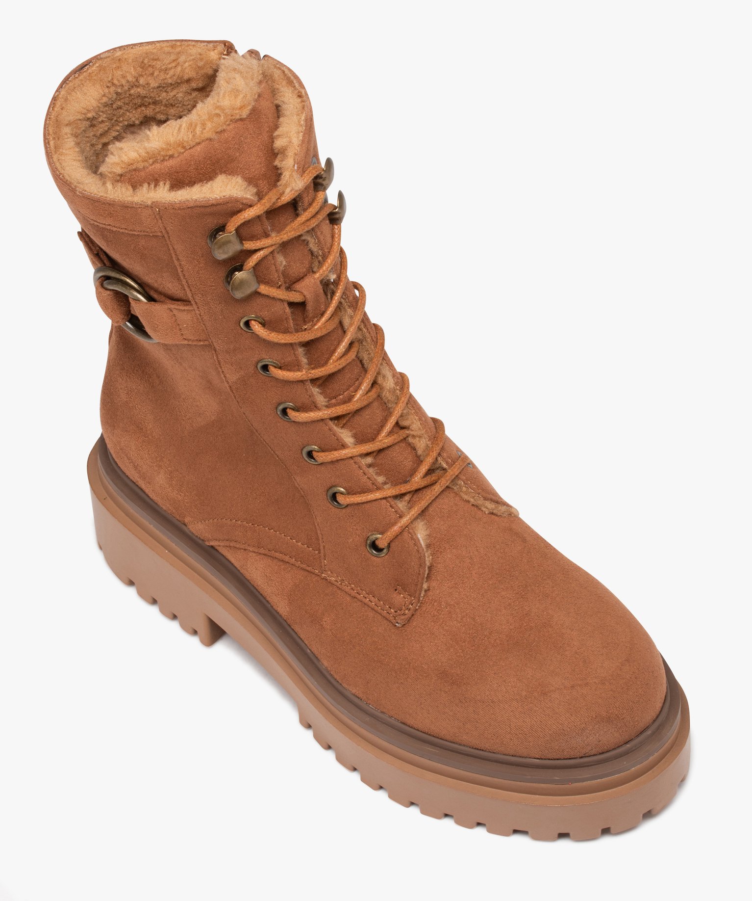 Boots fourrées femme unies en suédine à talon large et à... camel | GEMO