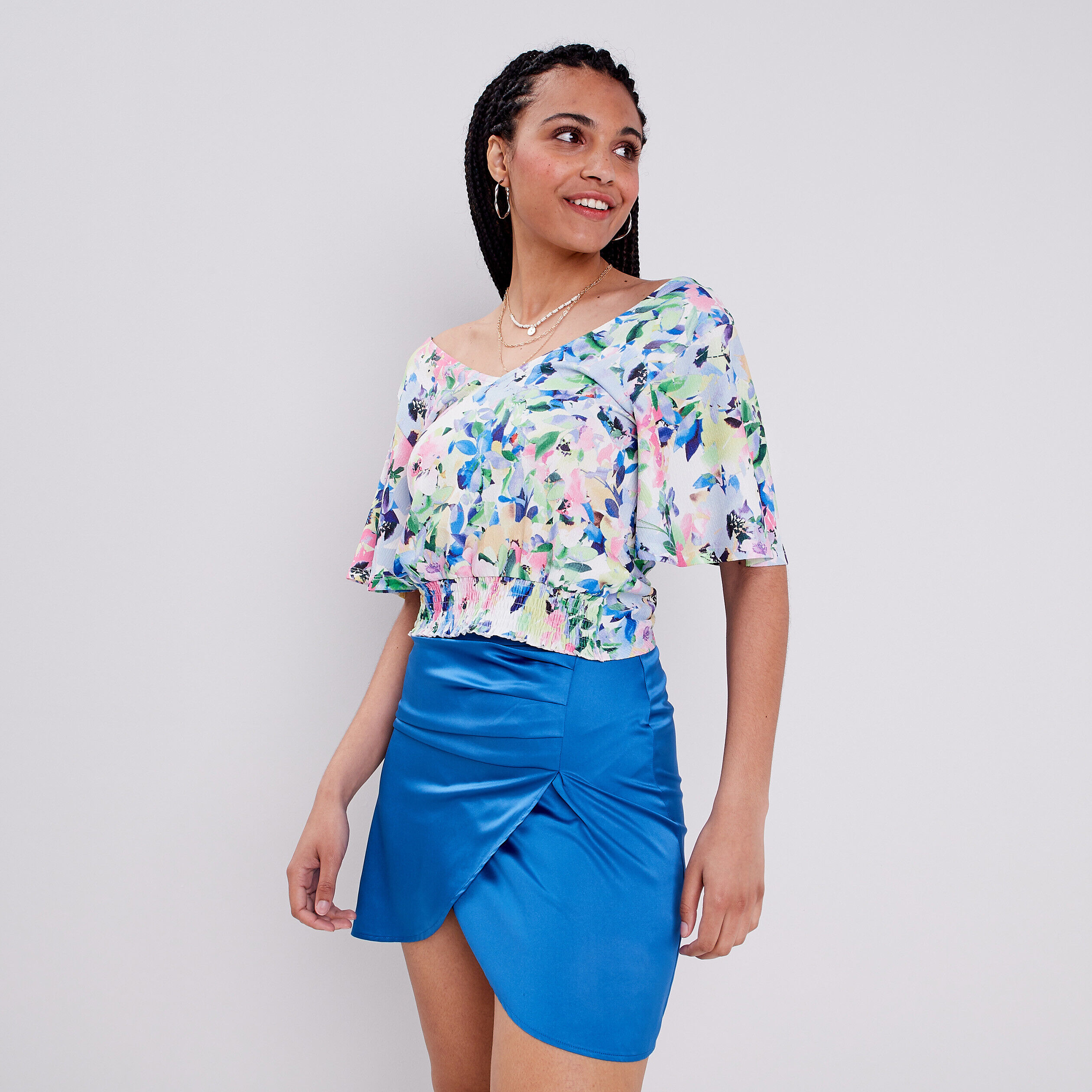 Jupe droite satinée drapée bleu femme | Cache Cache