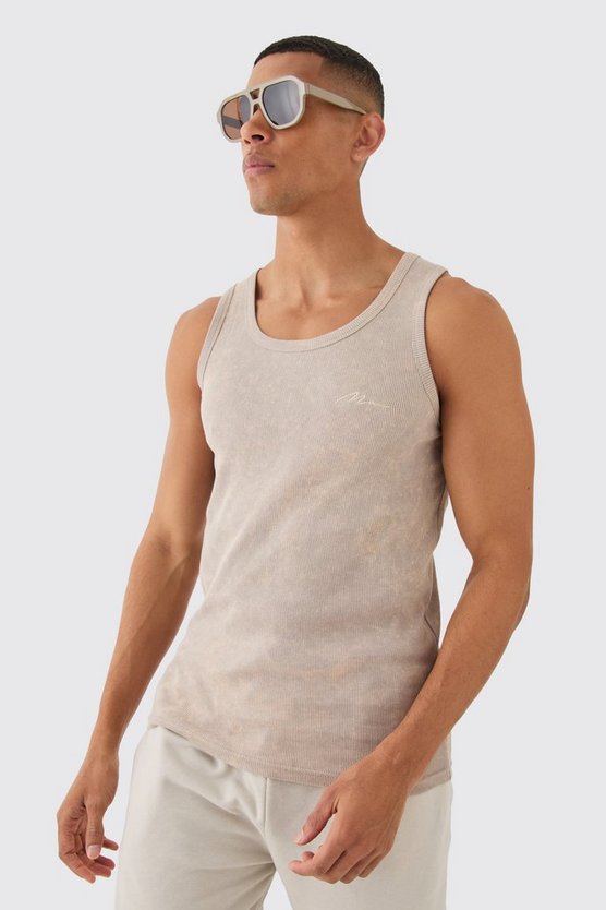 Geripptes Slim-Fit Man Signature Tanktop mit Acid-Waschung