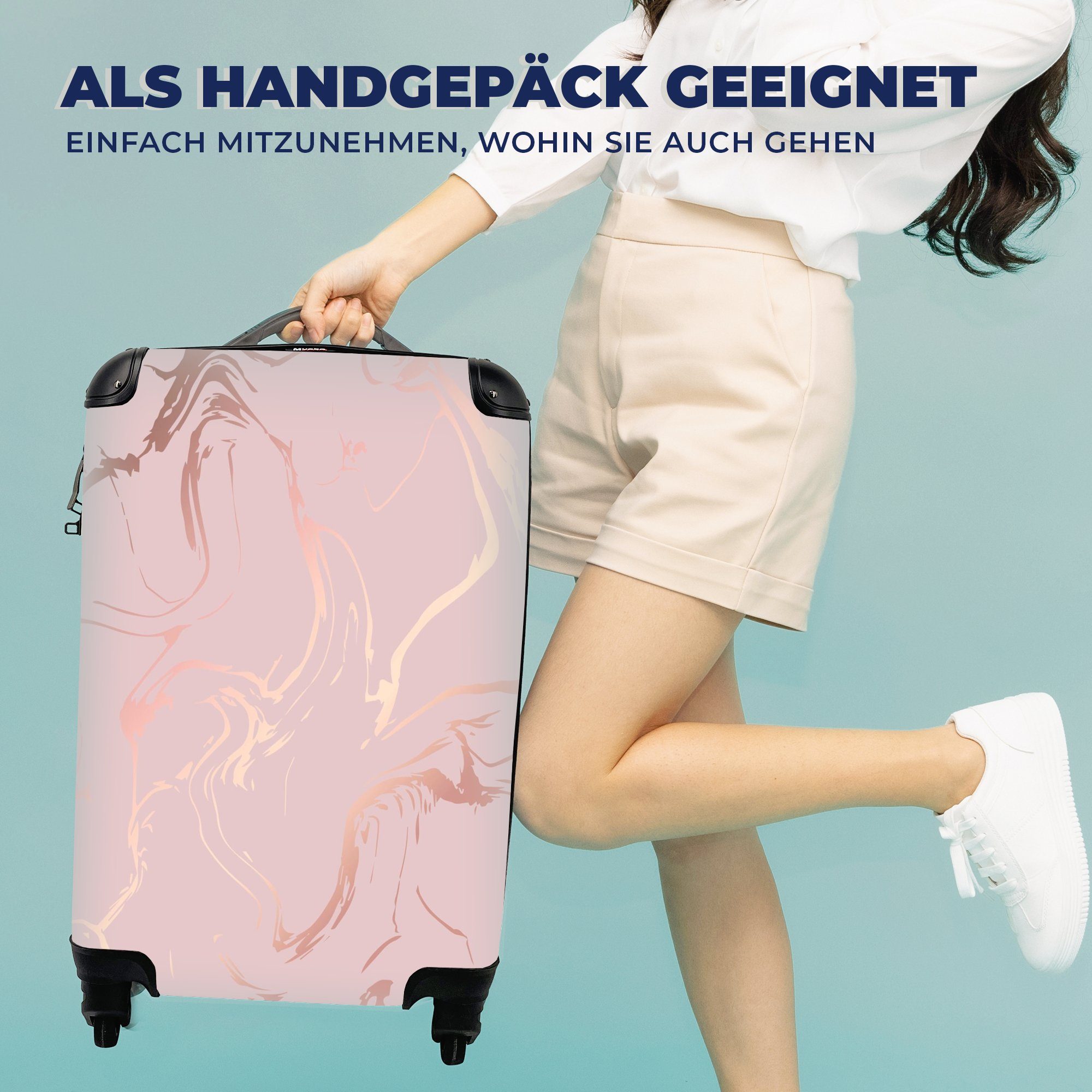 MuchoWow Handgepäckkoffer Marmor - Roségold - Linie, 4 Rollen, Reisetasche mit rollen, Handgepäck für Ferien, Trolley, Reisekoffer