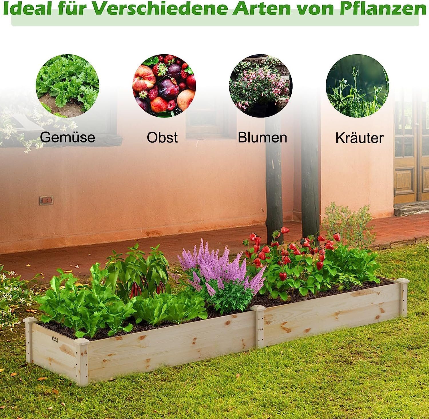 KOMFOTTEU Hochbeet Hochbeetkasten, aus Holz, 240 x 60 x 25cm