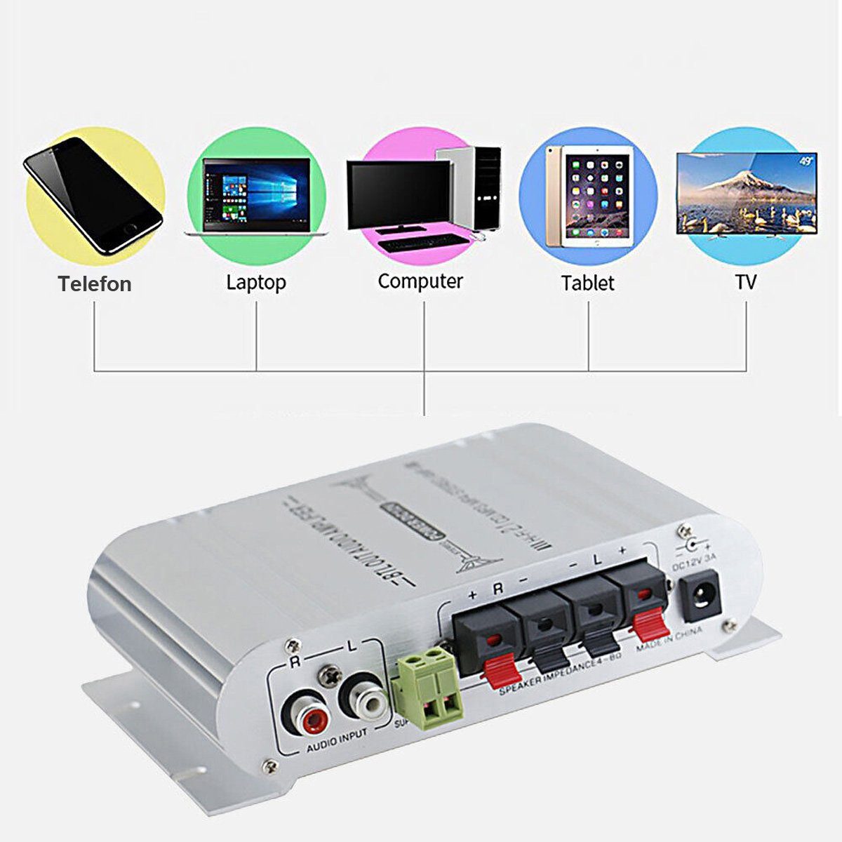 Yoyaxi 12-V-Car-Audio-Stereo-Verstärker: 2.1-Kanal-HiFi-Leistungsverstärker 2.1 Soundsystem (2.1-Kanal-Audioausgang Standard-Stereo-Cinch und 3,5-mm-AUX-Eingang)