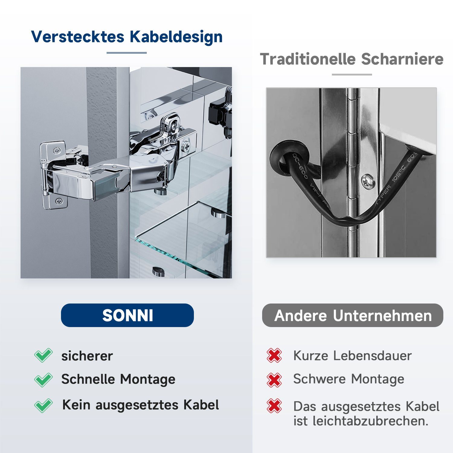 SONNI Spiegelschrank Bad spiegelschränke 3-türig mit LED Beleuchtung Edelstahl IP44 Badezimmer, mit Steckdose