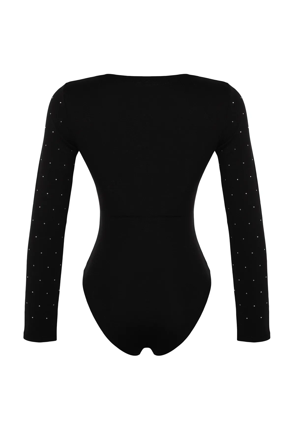 Trendyol Collection  Schwarzer, langärmliger Stretch-Strickbody aus Baumwolle mit Steindruck und Druckknopf TWOAW24BD00059