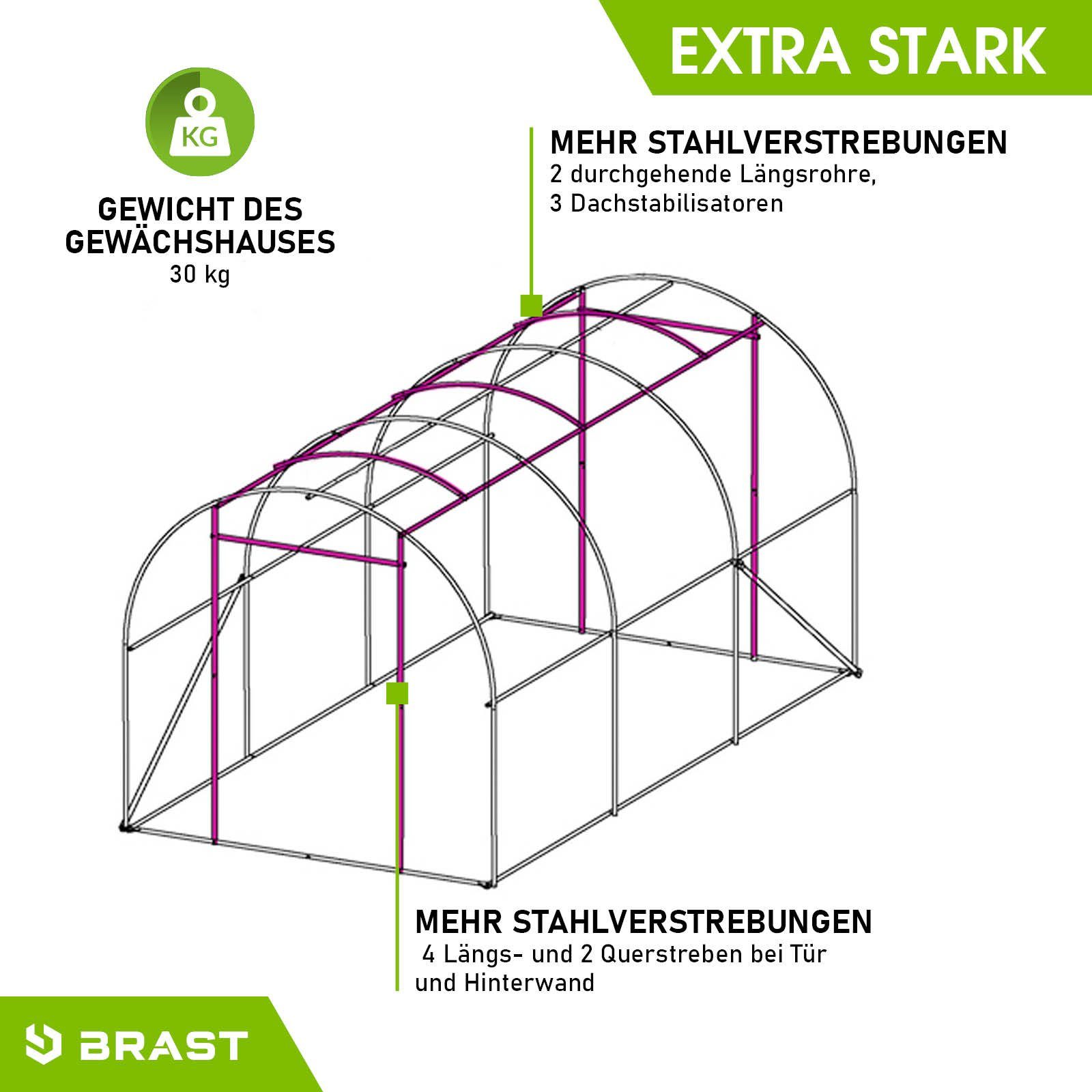 BRAST Foliengewächshaus Gewächshaus mit Stahlfundament Seitenwände aufrollbar, 4 Größen 2x3m 3x4m 3x6m 3x8m, Erdanker schwere Qualität Gitternetzfolie 175g/m²