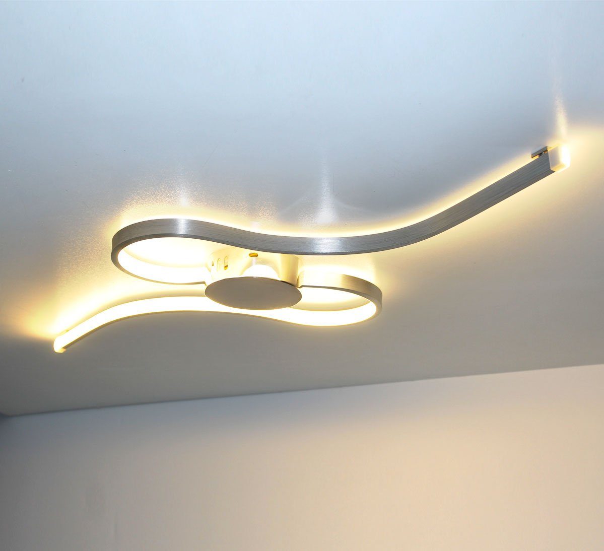 Lewima LED Deckenleuchte VILNIS, XL groß 70x55cm 24W, Welle Design Deckenlampe Silber, Dimmbar mit Memory Funktion, Warmweiß / Kaltweiß einstellbar, Chrom Wand Lampe Leuchte Alu Satiniert gebürstet