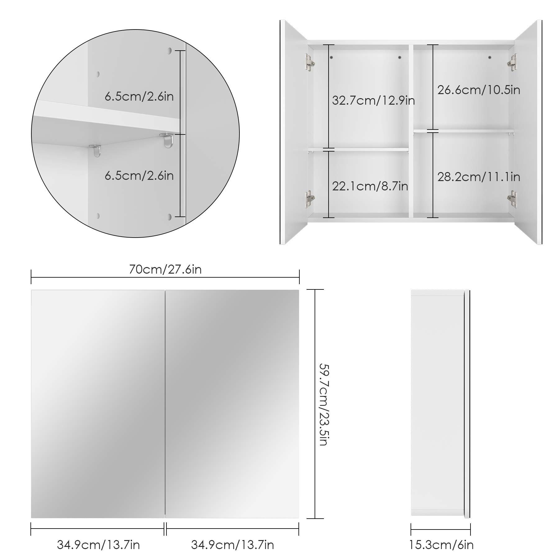 Homfa Spiegelschrank Badezimmerschrank mit 4 Fächern, Breite 70 cm, weiß, Holz