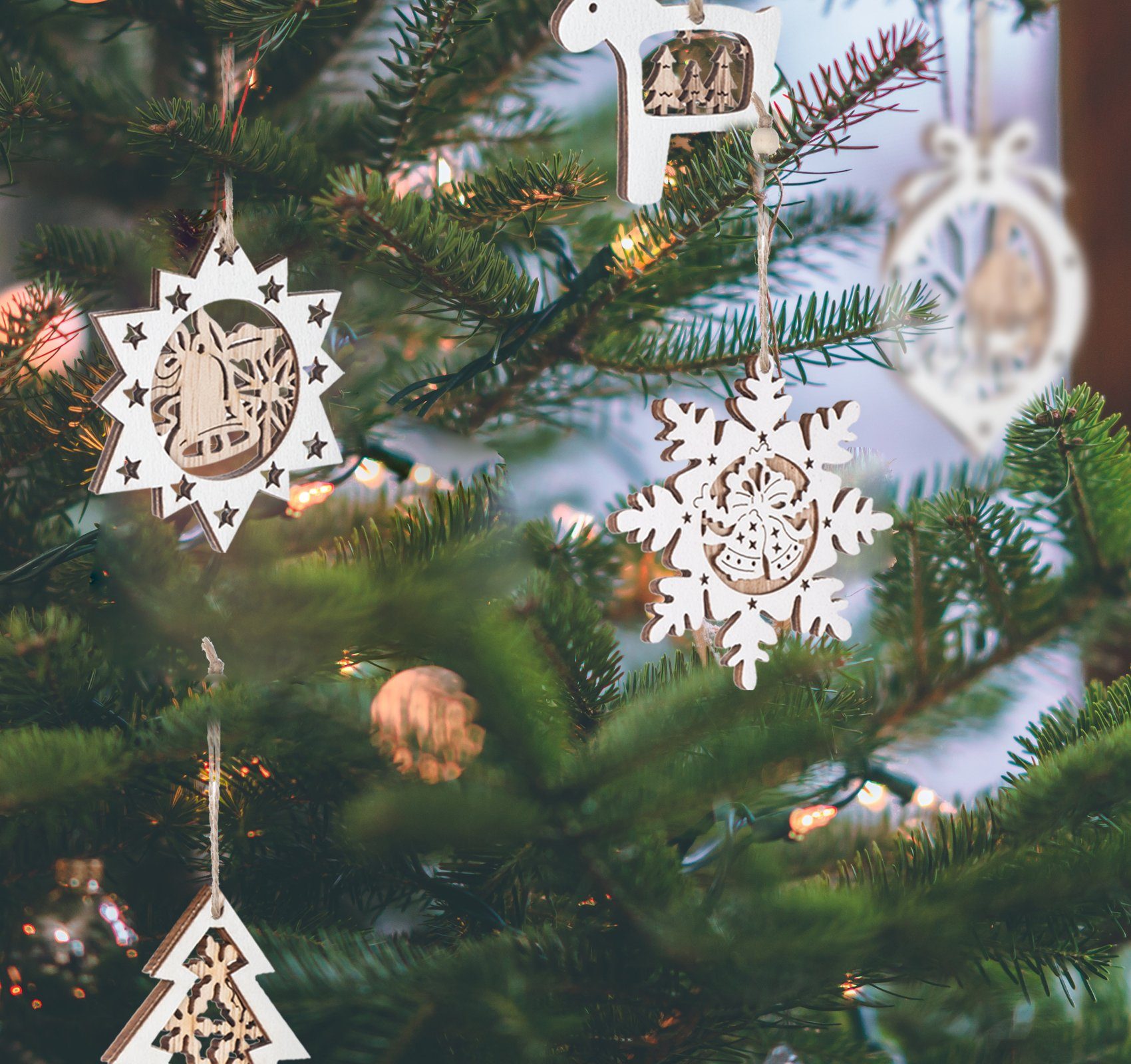 Homewit Christbaumschmuck Weihnachtsbaum Anhänger Holz Weihnachtsanhänger mit Juteseil (20-tlg), für Dekoration & Christbaumanhänger