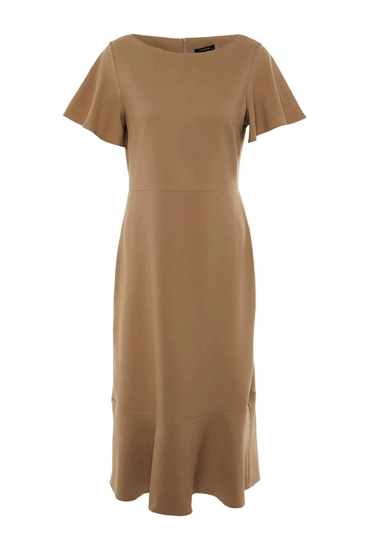 Trendyol Curve  Kamelfarbenes gewebtes Volantkleid mit Ärmeln TBBSS22EL1626