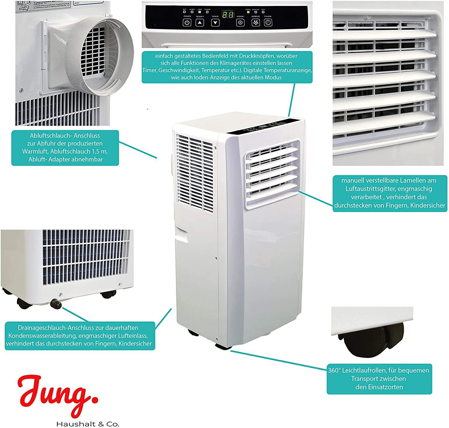 JUNG 3-in-1-Klimagerät TV03 mobile Klimaanlage mit Fernbedienung 2.0 KW, mobiles Klimagerät, 7000 BTU leise, Abluftschlauch, Timer Airconditioner Luftkühler Mobil