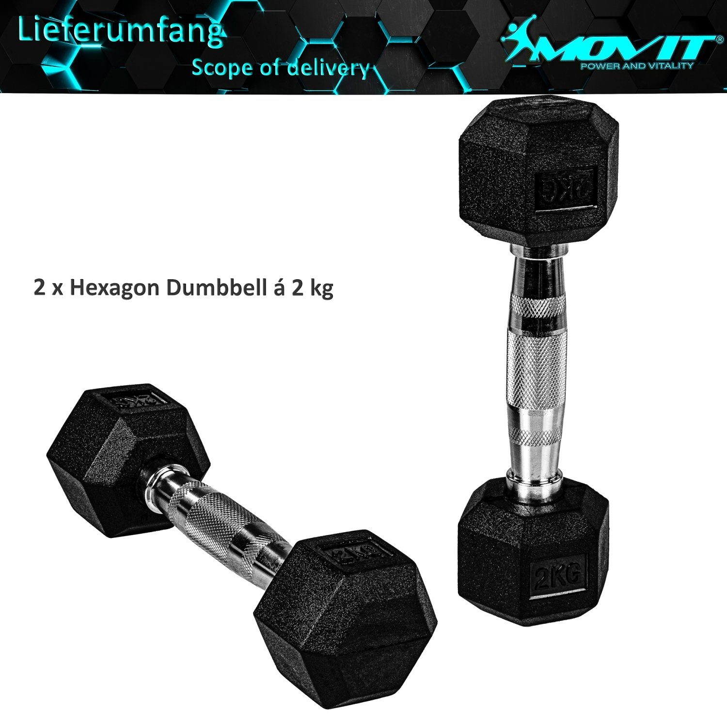 MOVIT Hantel-Set Hexagon Kurzhanteln, Gusseisen, Rubber Hanteln, (Set, 2er Set), 4 – 60 kg, Griff gerändelt, Hantel Set, Gewichte, Größenwahl