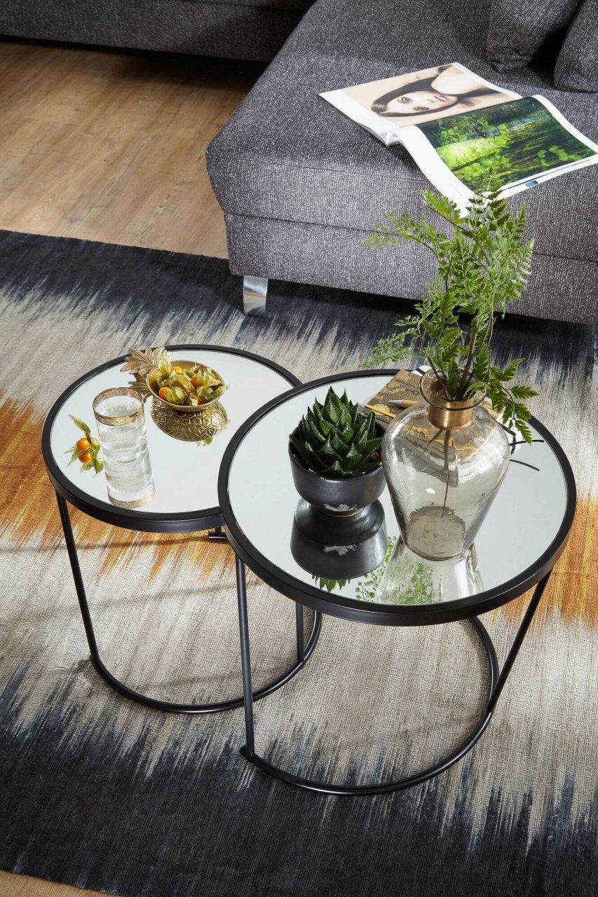 furnicato Beistelltisch Design Rund Ø 50/42 cm - 2 teilig Schwarz mit Spiegel Glas, Wohnzimmertisch