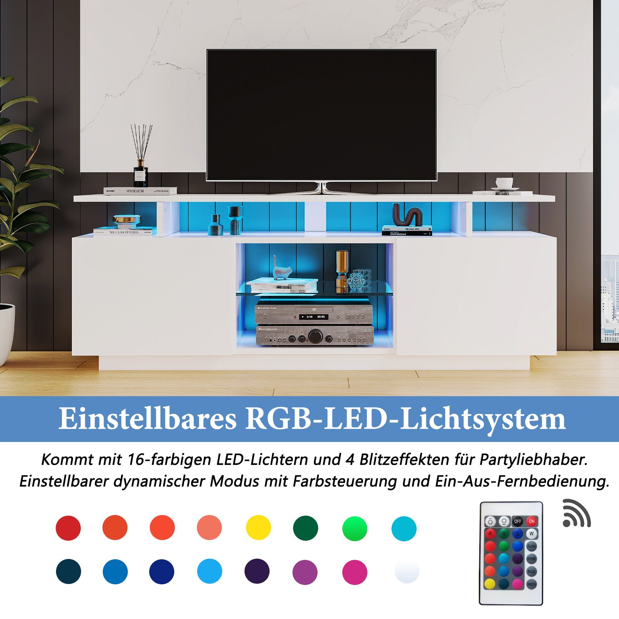 REDOM TV-Schrank Moderner weißer TV-Schrank (Hochglanz) mit 16-farbiger LED-Beleuchtung