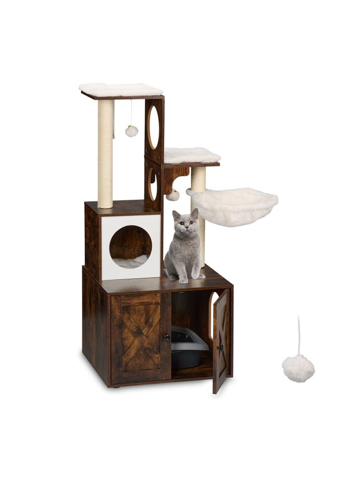 relaxdays Kratzbaum mit Katzenklo in Dunkelbraun/ Weiß - (B)95 x (H)128 x (T)52 cm günstig kaufen onesize