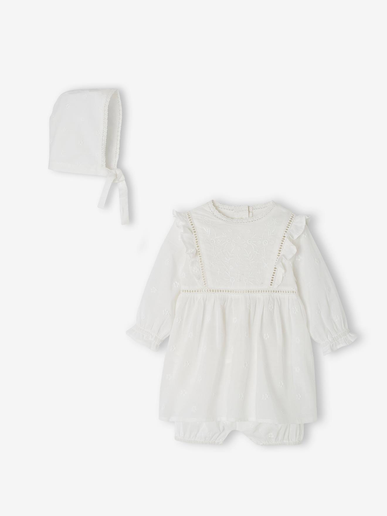 Vertbaudet Festliches Baby-Set: Kleid, Spielhose & Mütze - weiß