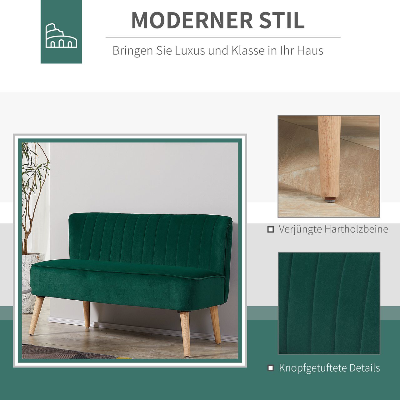 HOMCOM 2-Sitzer Stoffsofa Polstersofa Sitzmöbel Loungesofa Dunkelgrün 117 x 56,5 x 77 cm