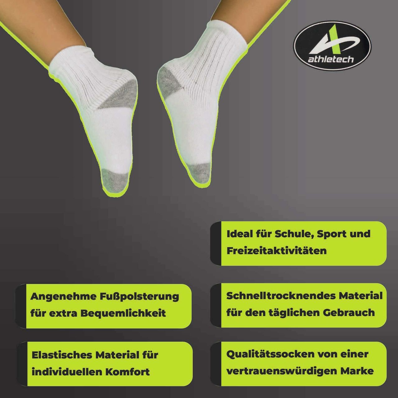 Athletech 6 Paar Sportsocken für Kinder 2-3 Jahre bis Gr. 28 hoher Bund grau weiß