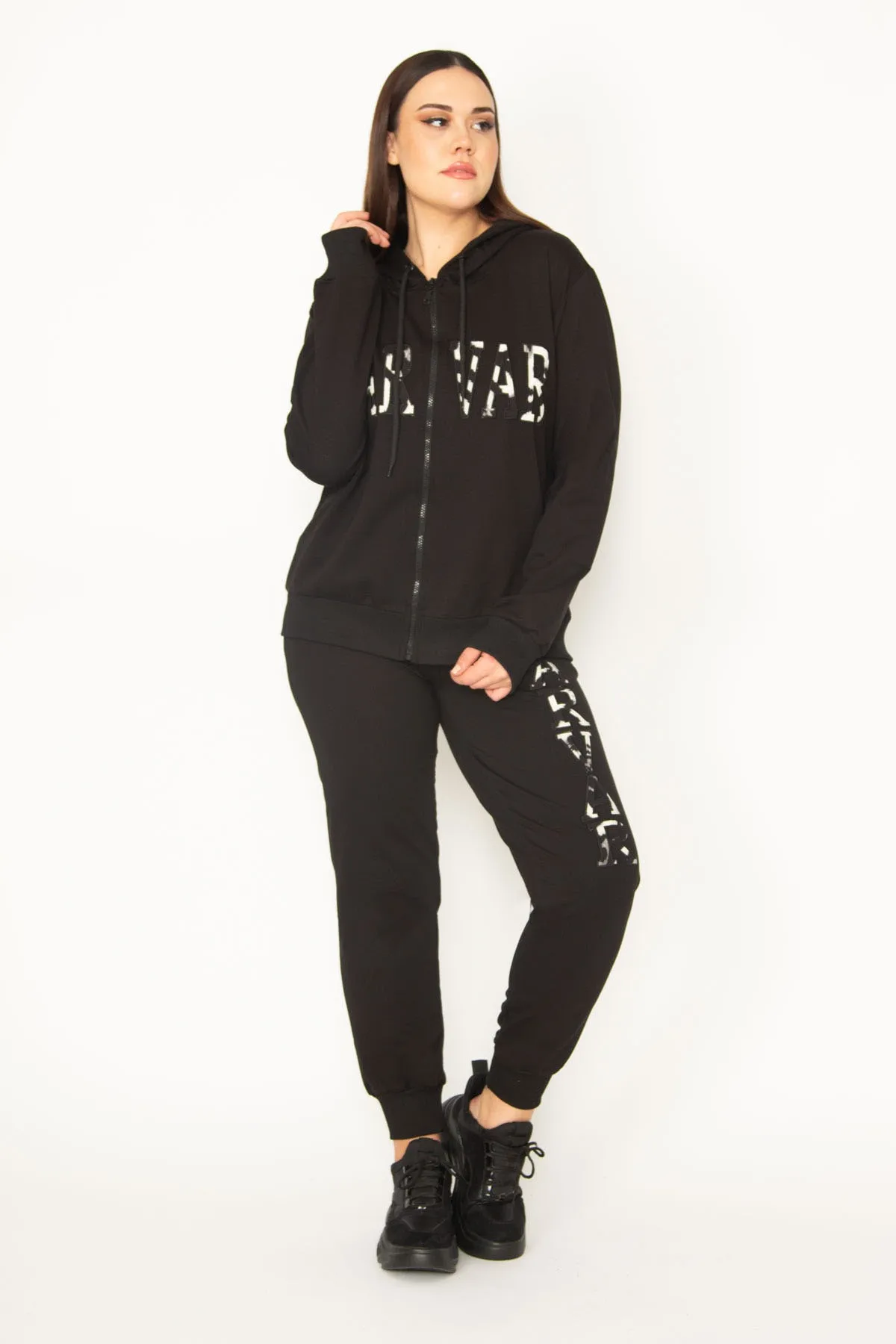 Şans  Damen-Trainingsanzug in großer Größe, schwarz, mit Kapuze, Reißverschluss vorne, detaillierte Sweatshirt-Hose, 65n31333