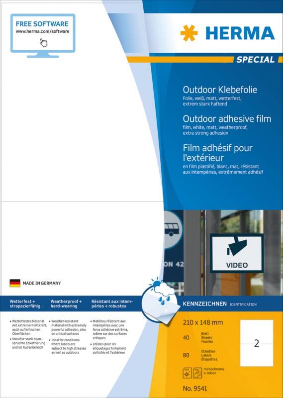 HERMA Wassserfeste Etiketten 9541 Weiß DIN A4 210 x 148 mm 40 Blatt à 2 Etiketten
