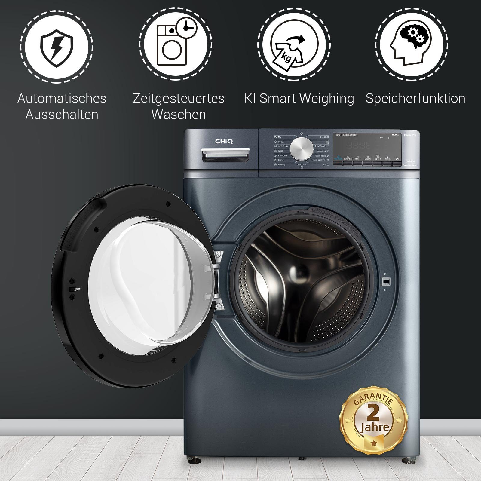 CHiQ Waschmaschine CFL80-14586IM3XB, 8 kg, 1400 U/min, Inverter-Motor, Dampfwäsche, Schnellreinigung, Kindersicherung