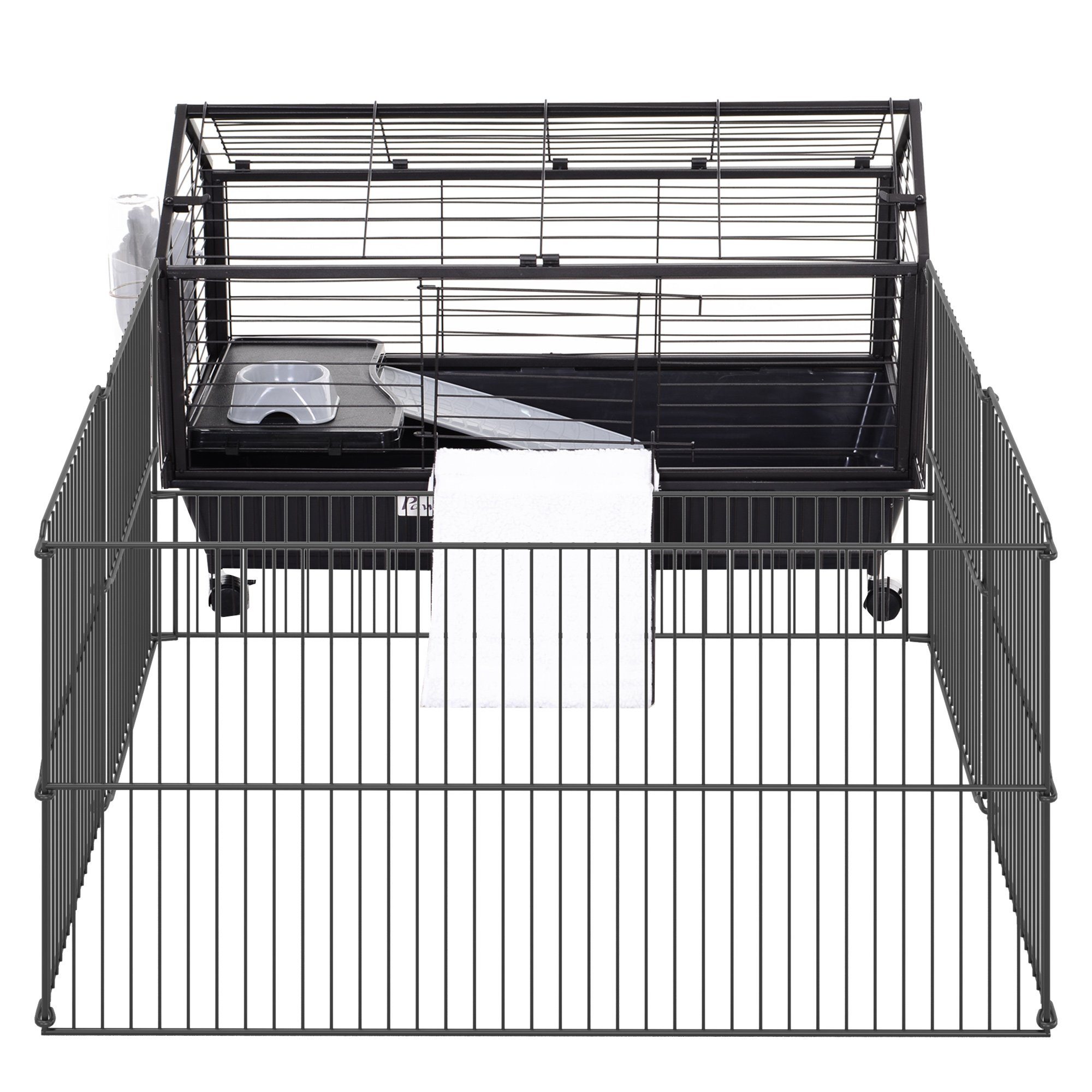 PawHut Kleintierkäfig mit Freigehege inkl. Zubehör 4 Rollen Kleintier mit Garten Metall, 88L x 128.5B x 56H cm