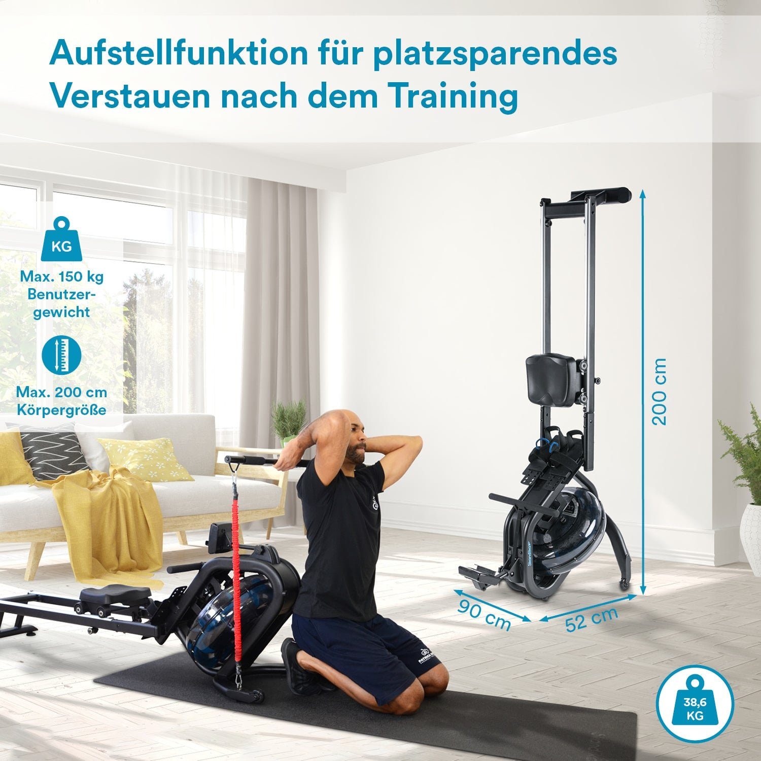 Skandika Rudergerät Nemo IV + Widerstandsbänder, Wasser Rudergerät mit Kinomap und Tablet Halterung