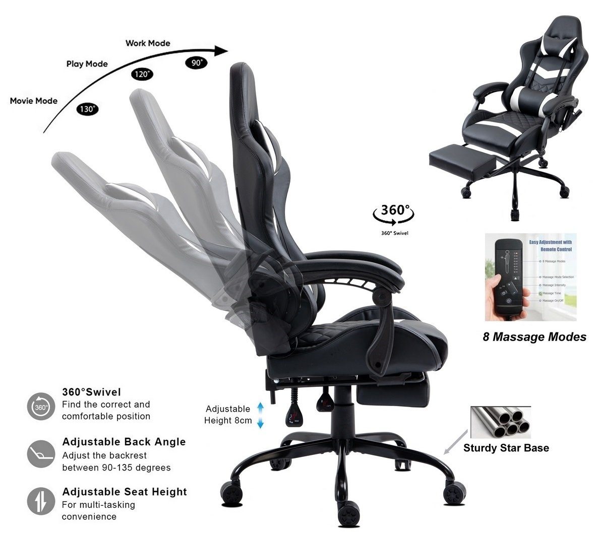 Delman Gaming-Stuhl Bürostuhl Chefsessel Massagefunktion mit 6 Vibrationspunkten, Drehstuhl, dicke Polsterung, Metallfußkreuz, Fußstütze 02-0037