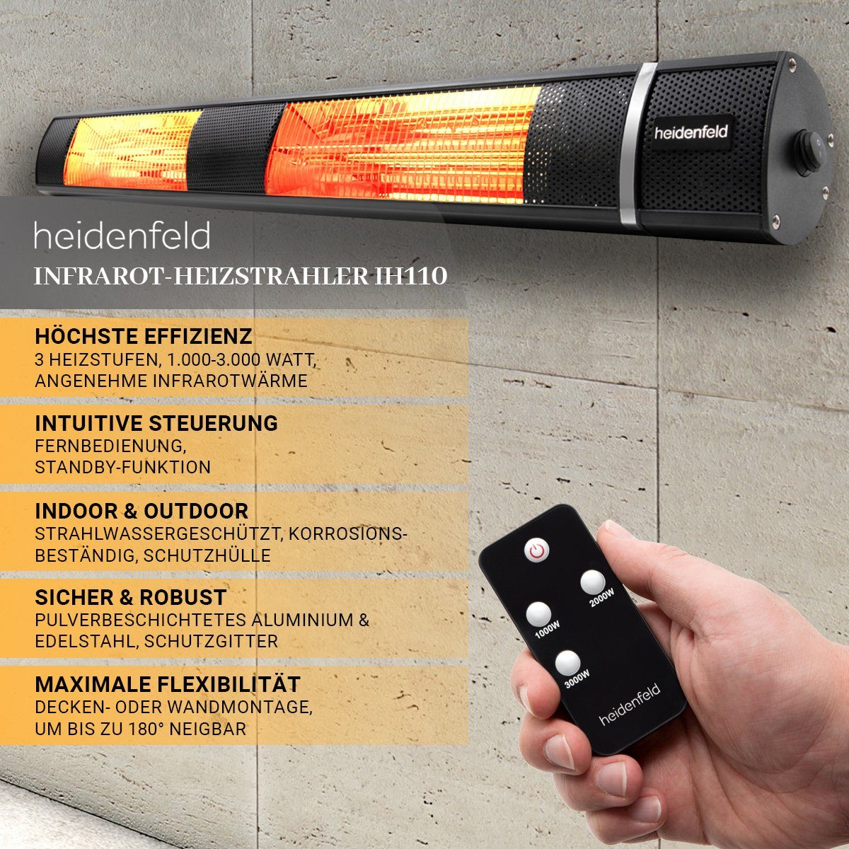 Heidenfeld Heizstrahler Elektroheizung IH110 für Terrasse, bis 3.000 Watt 3 Jahre Garantie, 3000 W, 3 Heizstufen - Fernbedienung - 180° neigbar - Infrarotheizstrahler