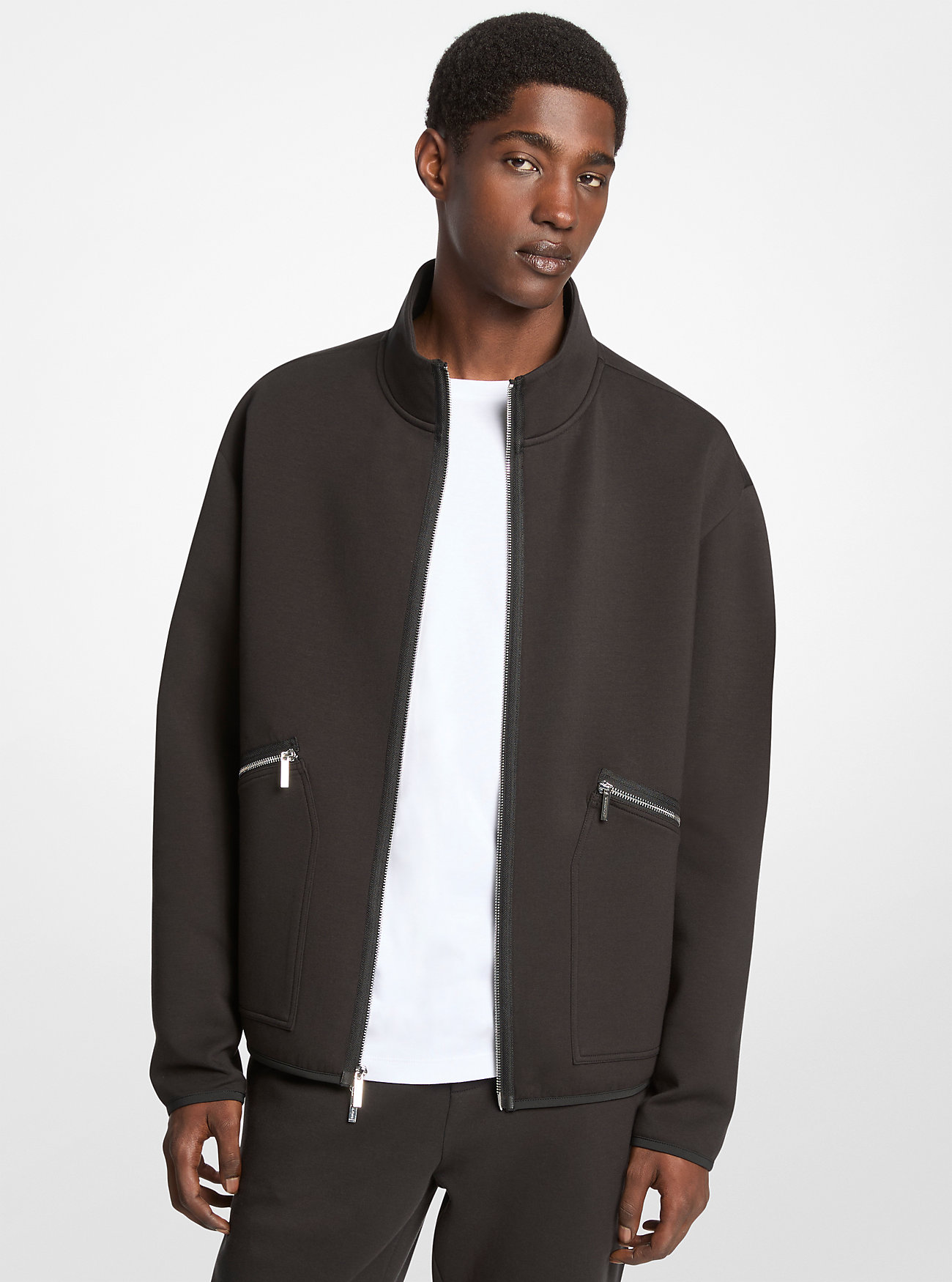 Cotton Blend Zip-Up Jacket - BLACK