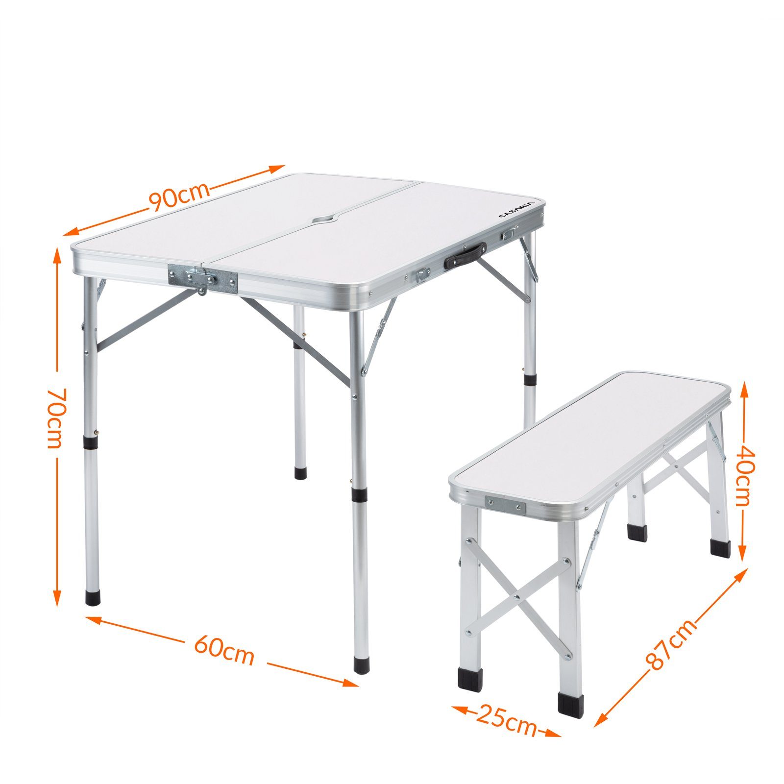 Casaria Campingtisch (3-St), Klappbar mit 2 Bänken 3 tlg Set Tragbar Aluminium Weiß