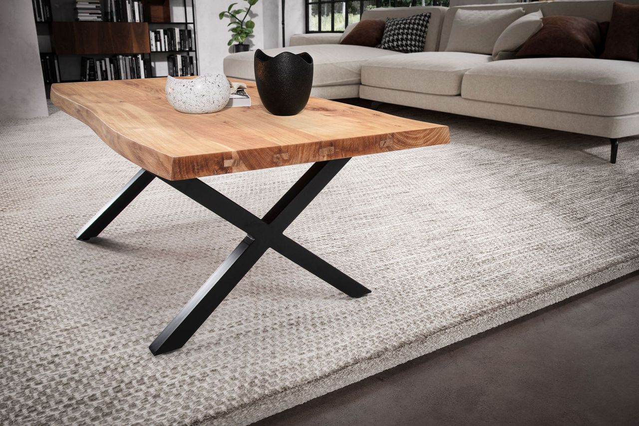 Wohnling Couchtisch 120 cm Akazie Massivholz Wohnzimmertisch Sofatisch Baumkante