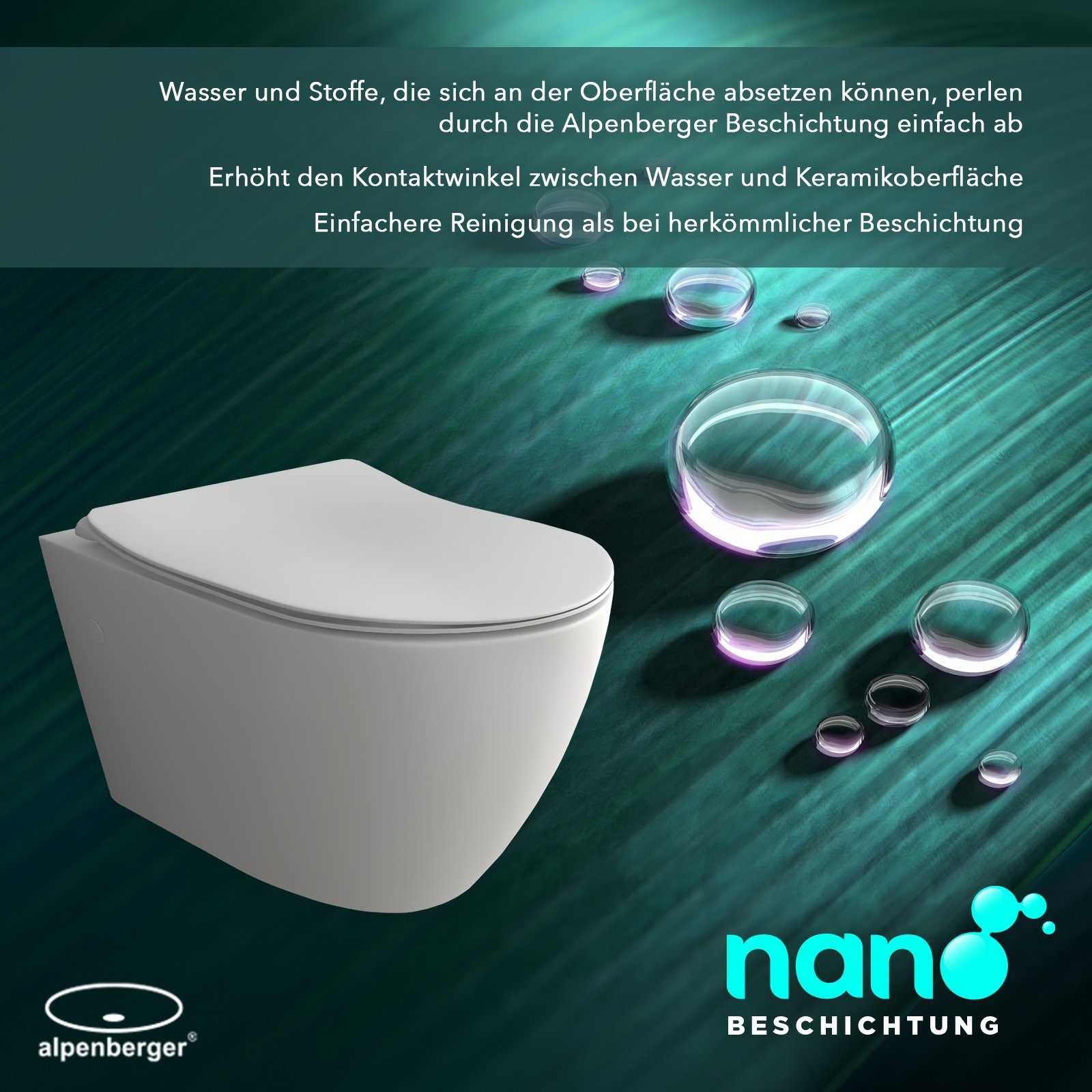 Alpenberger Tiefspül-WC Spülrandloses Hänge WC mit Nano - Geberit Passend, Wandhängend, Abgang Waagerecht, Toilette 2-tlg., Keramik Wand WC mit WC Deckel mit Absenkautomatik