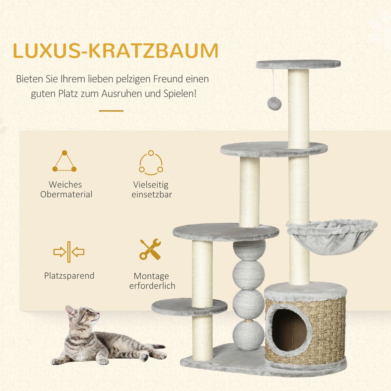 PawHut Kratzbaum, Kletterbaum mit Katzenhöhle, Katzenbaum, Katzenhaus, Hellgrau