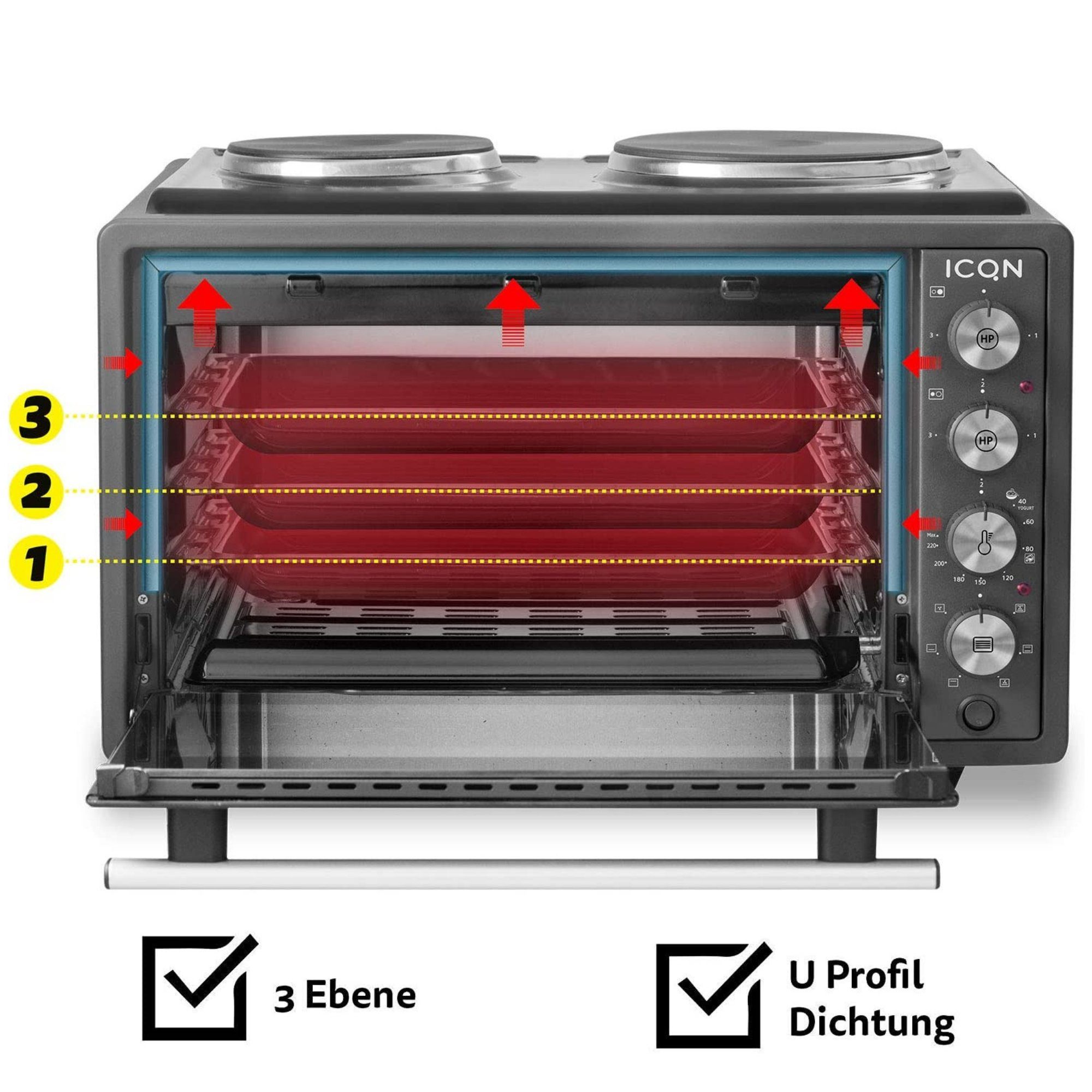 ICQN Minibackofen mit Kochplatten, 3800 W, inkl. Backblech Set, Emailliert, Umluft, Pizza-Ofen, Doppelverglasung, Drehspieß, Mini Ofen, 40°-230°C