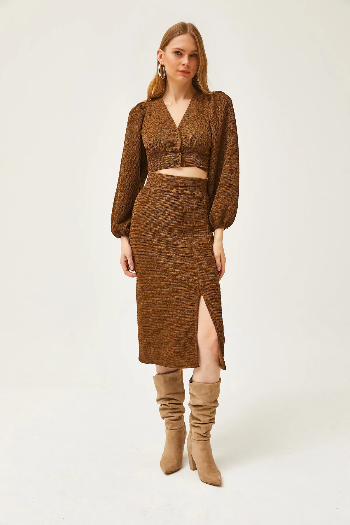 Olalook  Brauner Strickanzug mit Schlitzrock für Damen TKM-19000255