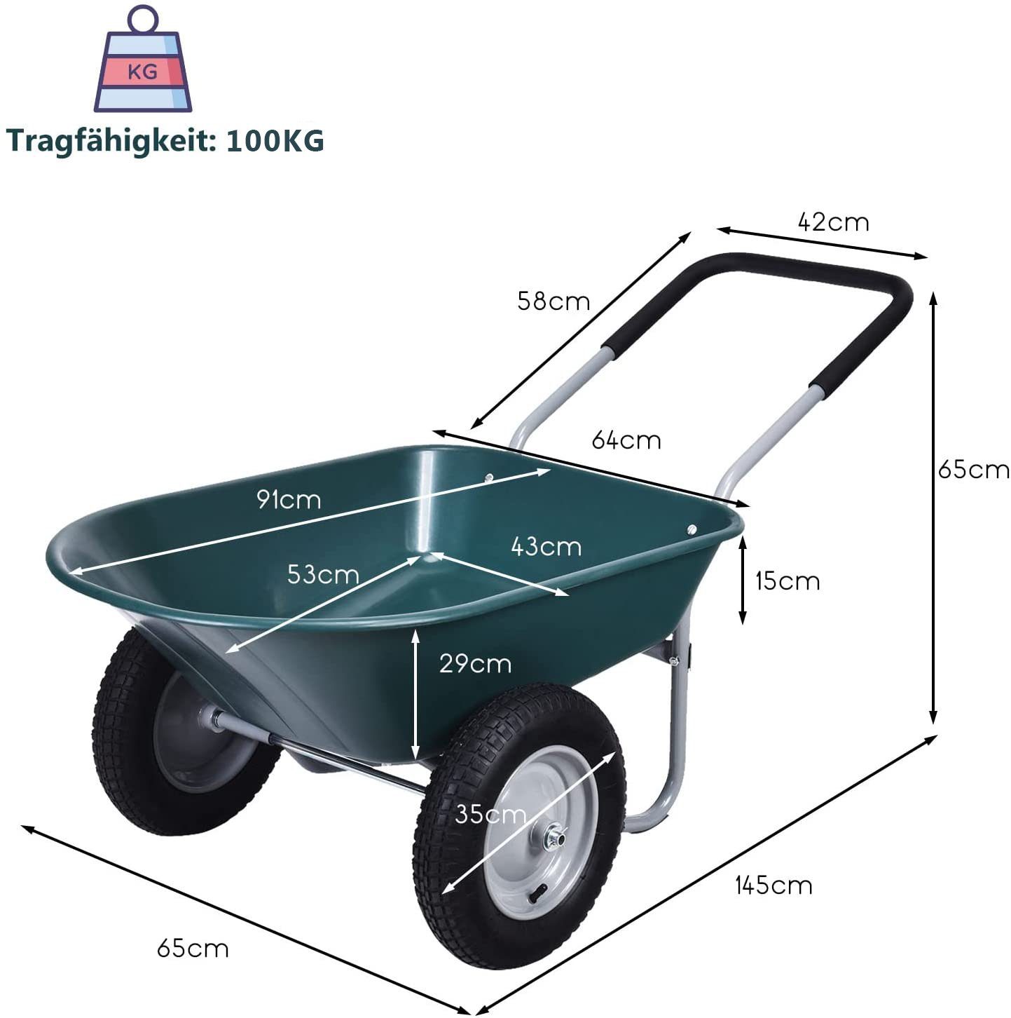 COSTWAY Schubkarre Schiebkarre, mit 2 Räder, 100kg Tragkraft