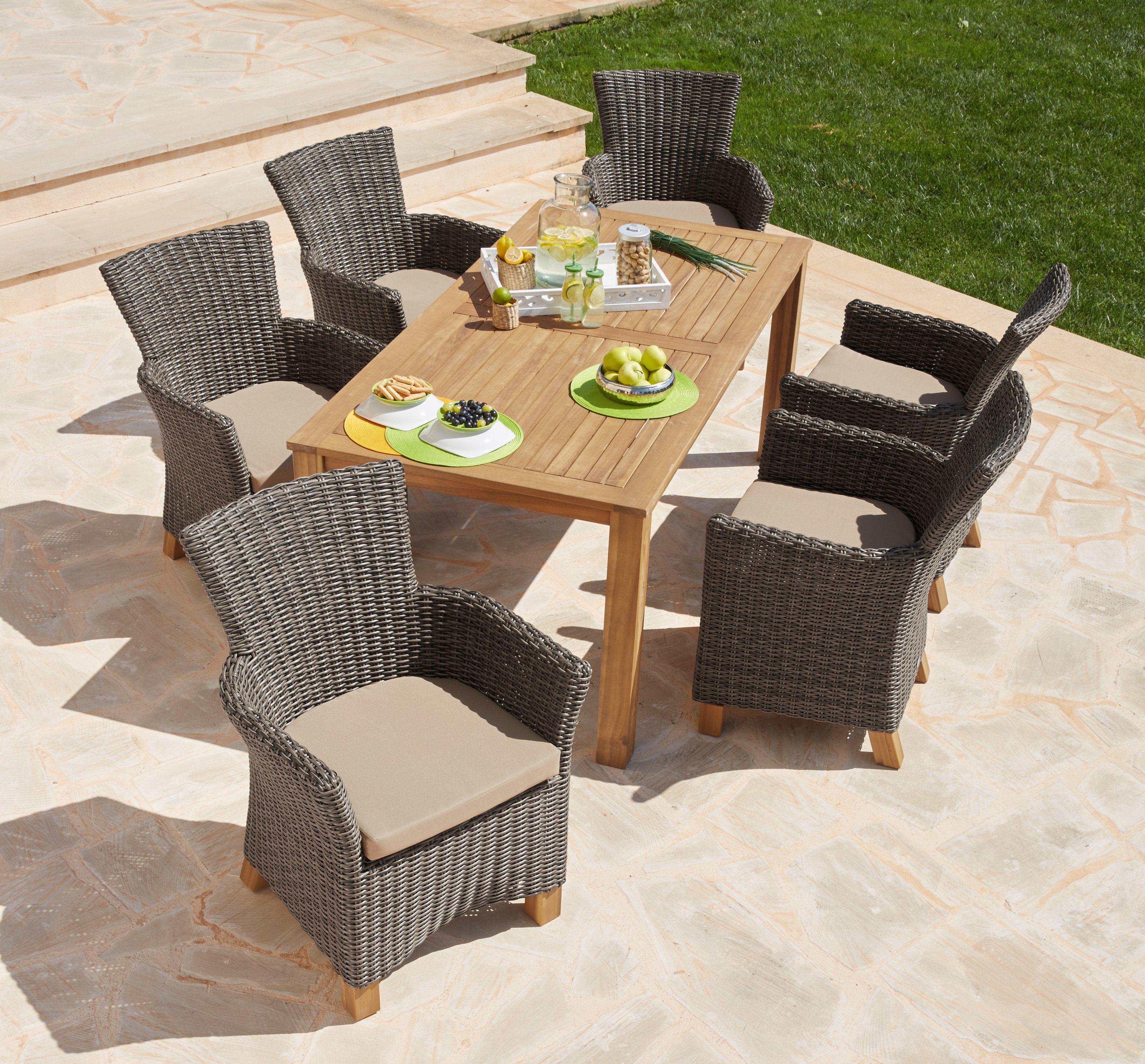 MERXX Garten-Essgruppe Toskana, (13-tlg), 6 Sessel, Tisch 185x90cm, Polyrattan/Akazie