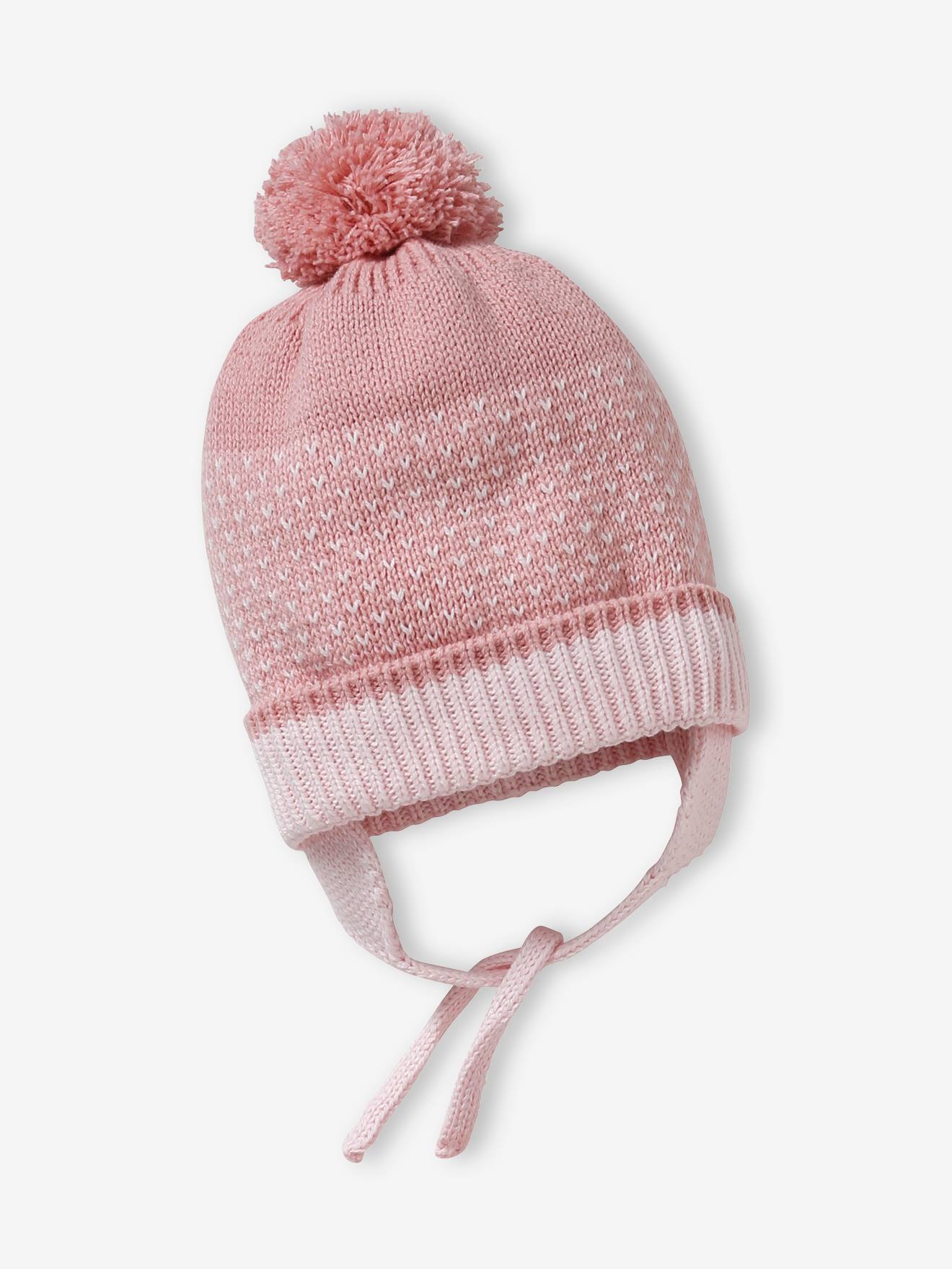 Ensemble en maille jacquard bonnet + snood + moufles bébé fille rose
