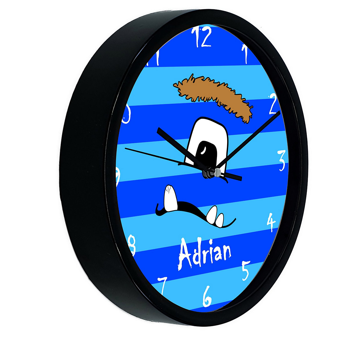 Kinder Wanduhr laufruhig personalisiert mit Name Monster Streifen blau